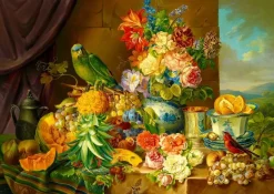 Enjoy : Josef Schuster - Still Life with Fruit, Flowers and a Parrot (1000)